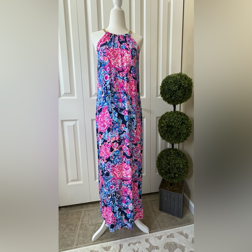 Lilly Pulitzer Bingham Halter Midi Dress in Turtle Amazement in High Tide Small